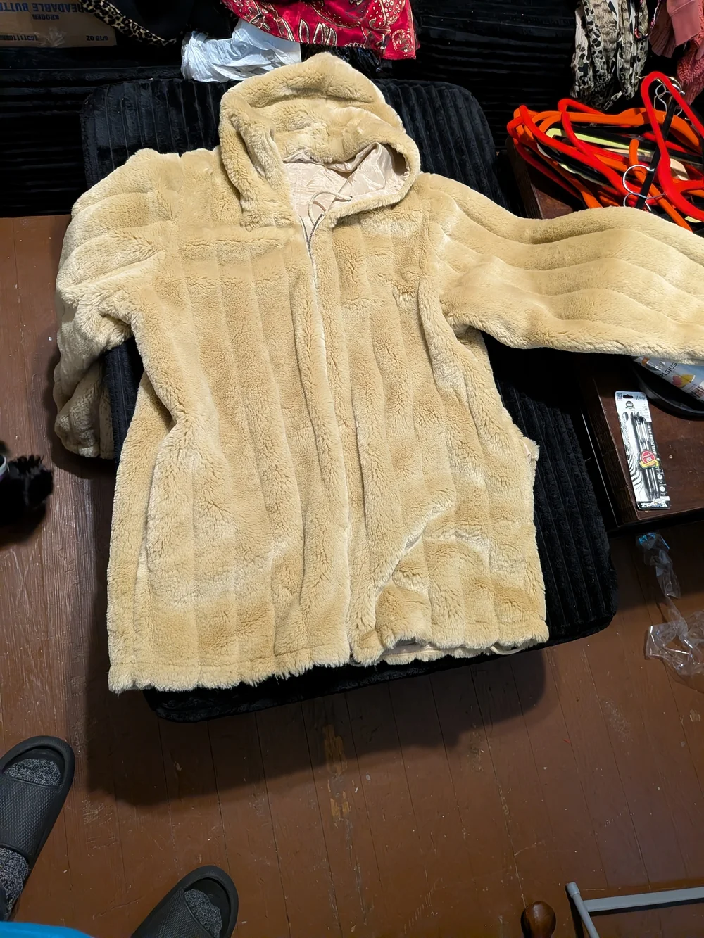 Woman's Plush Hooded Coat in Tan